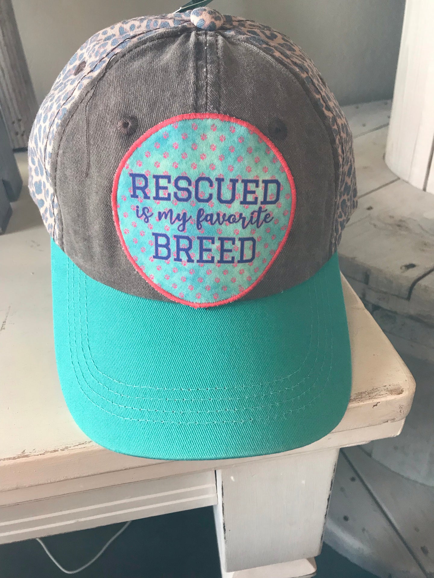 Leopard and Turquoise Rescued Hat